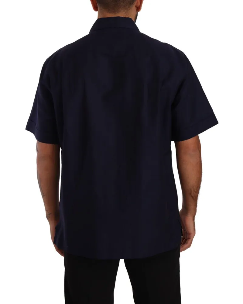 Dolce & Gabbana Men's Navy Blue Button Down Short Sleeves Shirt Flax Cotton Navy