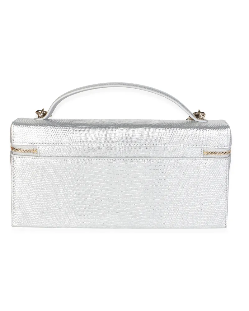 Chanel Silver Lizard Embossed Calfskin Top Handle Slim Vanity With Chain Leather Bag Silver