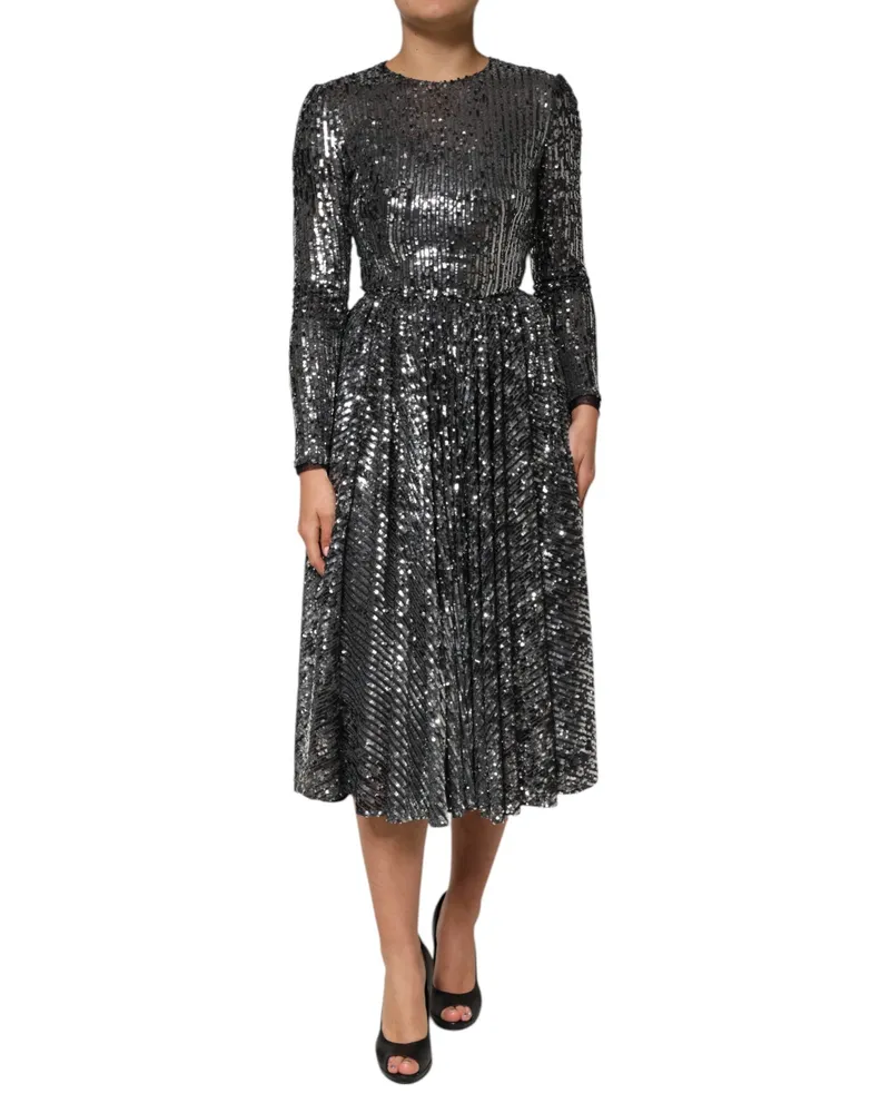Dolce & Gabbana Women Black Sequined Long Sleeves Midi A-Line Dress Polyester Black