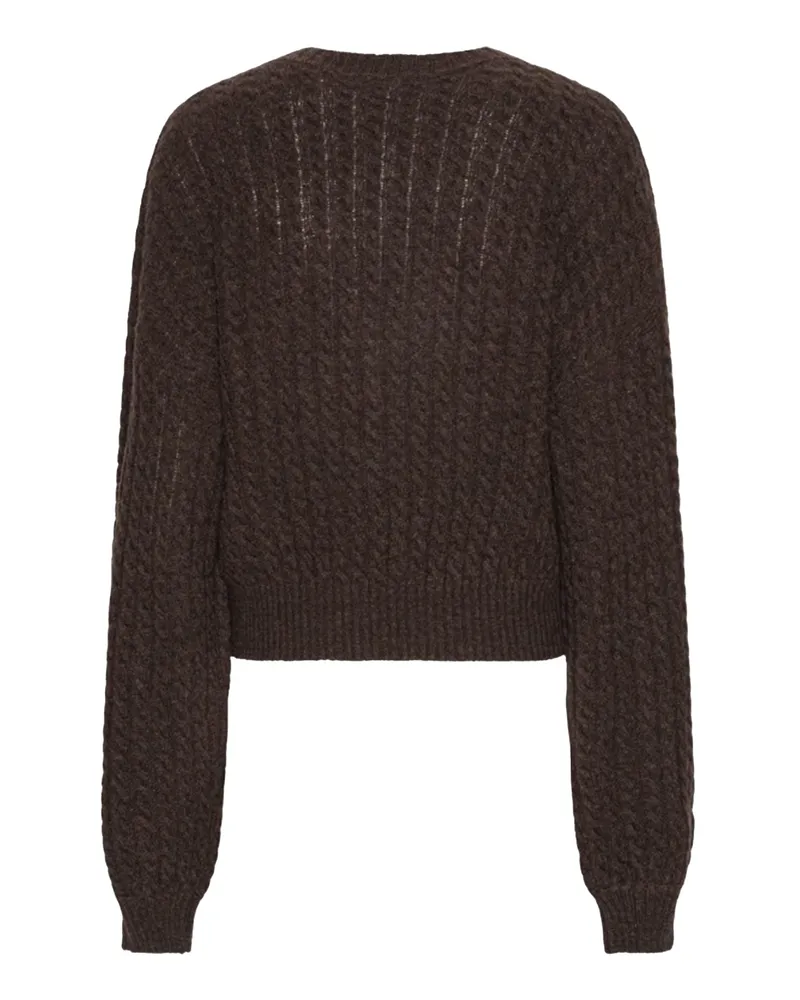 ROTATE Birger Christensen Women's V-Neck Cable Knit Sweater Potting Soil Merino Wool Jumpers Brown