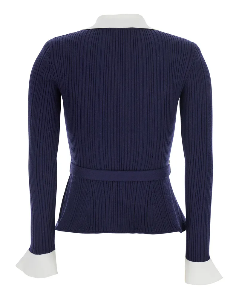 Self-Portrait Women Cardigan Blue Ribbed Tops Top Navy