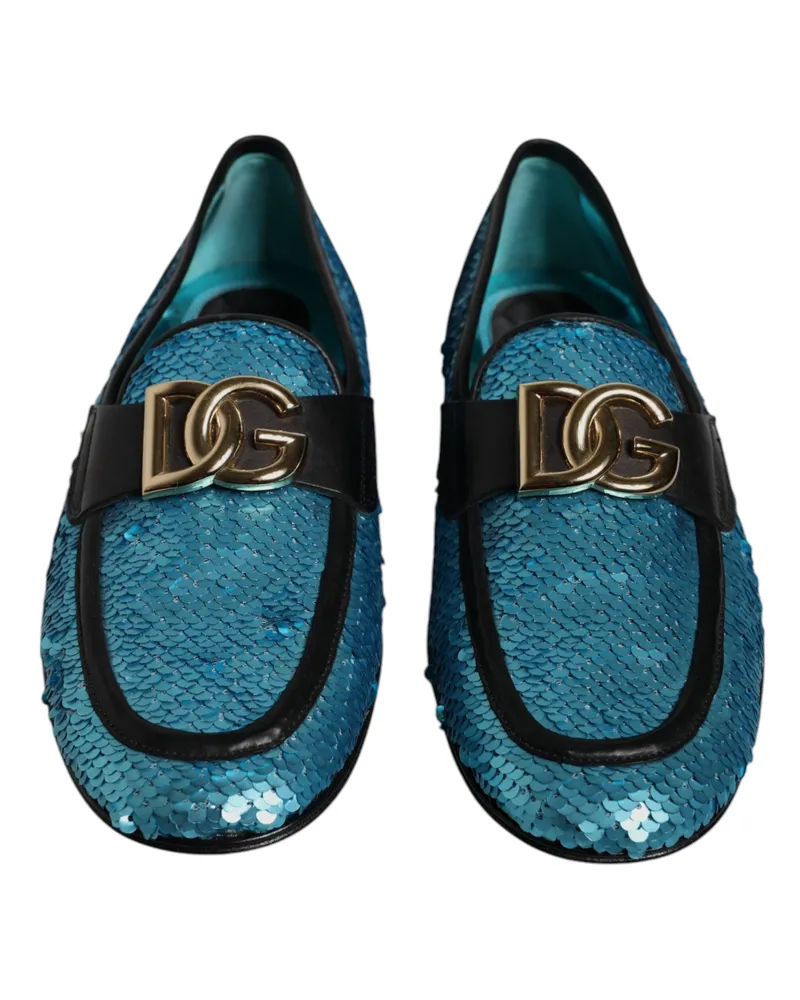 Dolce & Gabbana Men's Blue Sequined Loafers Formal Dress Shoes Pe Polyester Leather Blue
