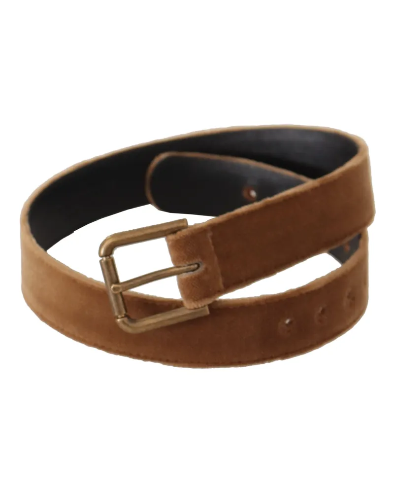 Dolce & Gabbana Women's Brown Velvet Bronze Vintage Logo Metal Buckle Belt Leather Brown