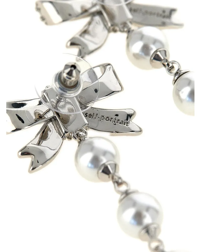 Self-Portrait Crystal Bow Pearl Droplet Earrings — Silver Silver