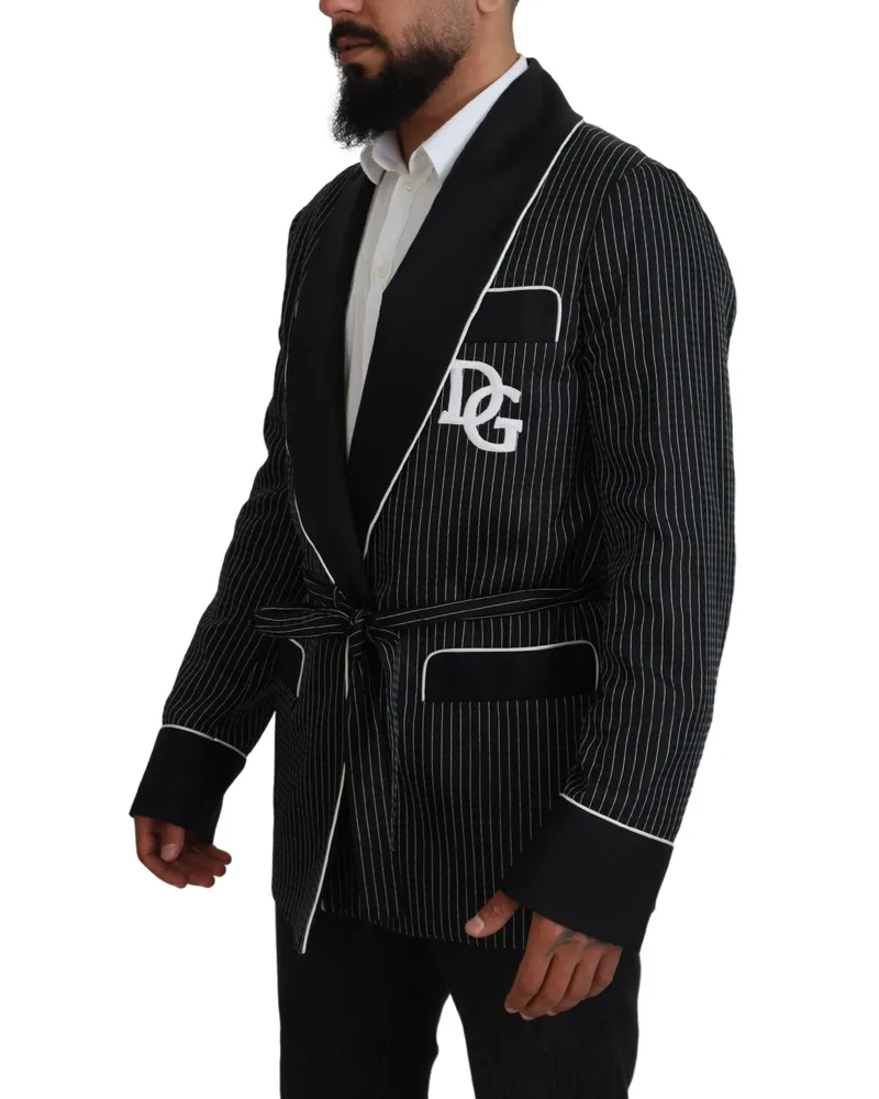 Dolce & Gabbana Black Robe Striped Dg Patch Jacket Men Blazer And White Polyester Silk Clothing Black
