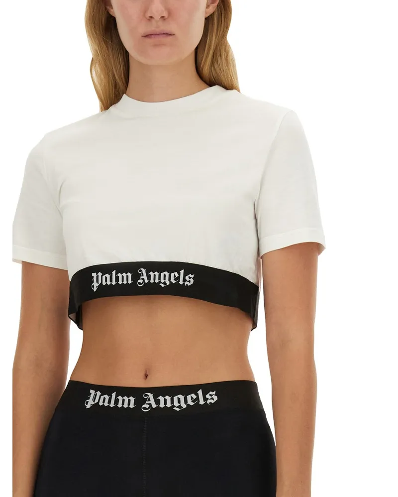 Palm Angels Logo-Embroidered Cropped T-Shirt — White White