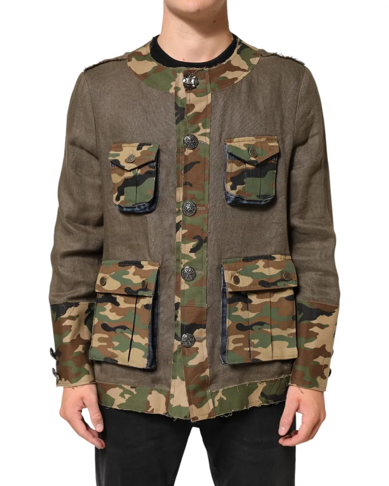 Dolce & Gabbana Men's Brown Camouflage Linen Button Down Jacket Co+02+li Clothing Brown