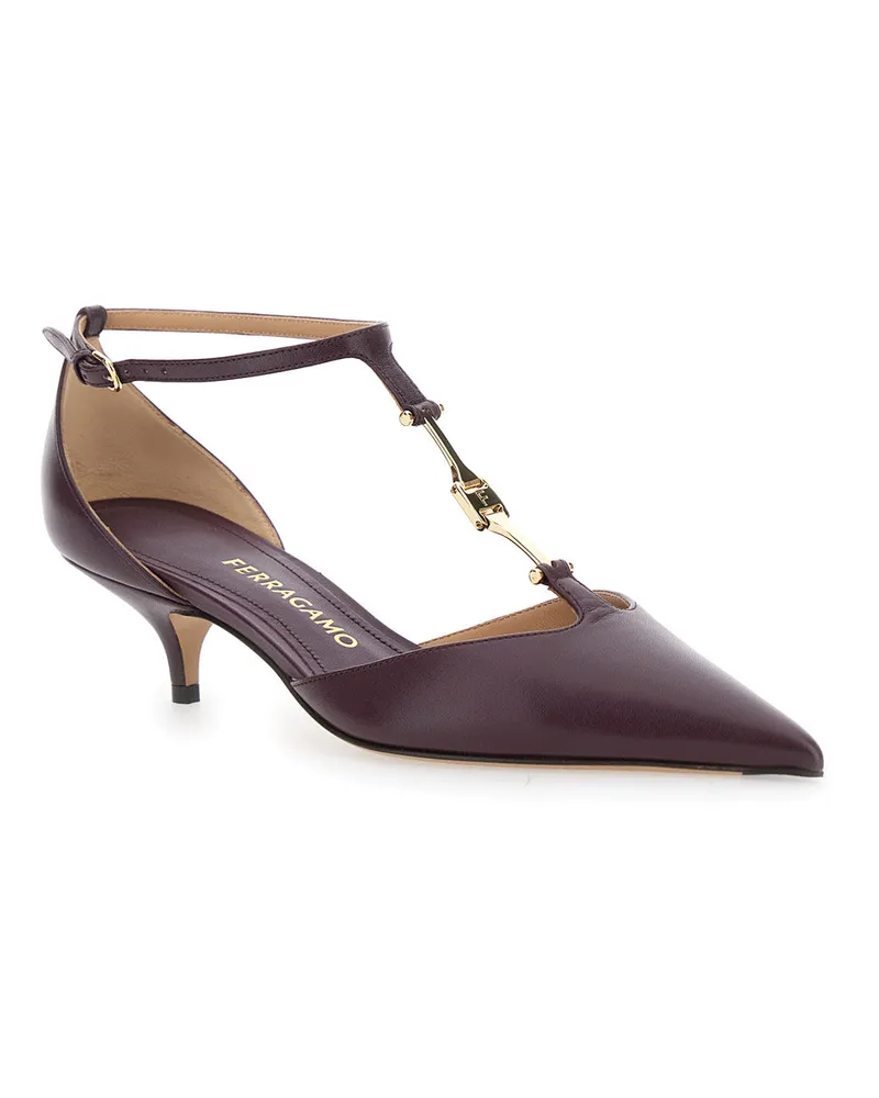Ferragamo Women's Bordeaux Pumps With T Strap And Low Heel Goat Bordeaux