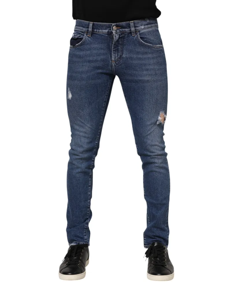 Dolce & Gabbana Men Blue Washed Skinny Cotton Tattered Denim Jeans Light Clothing Blue