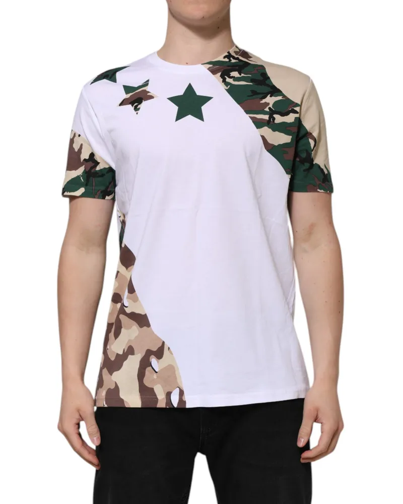 Dolce & Gabbana White Camouflage Cotton Men Crew Neck T-Shirt White