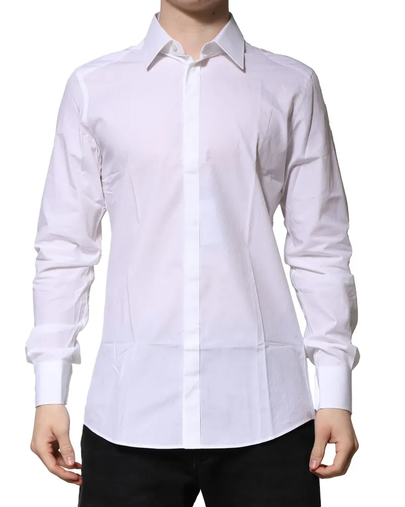 Dolce & Gabbana White Gold Long Sleeves Men Dress Formal Shirt Cotton White