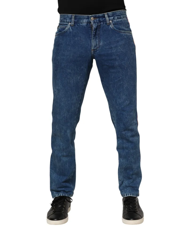 Dolce & Gabbana Men's Blue Cotton Logo Plaque Denim Jeans Clothing Blue