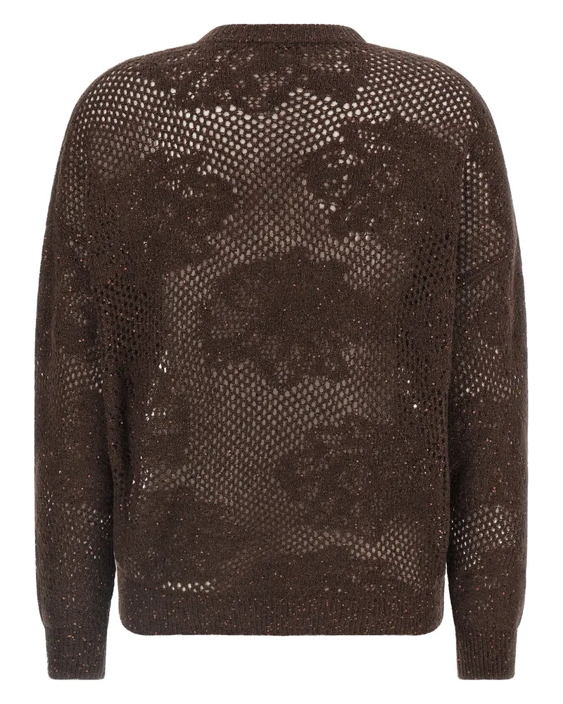 Brunello Cucinelli Perforated Floral Lace Sweater — Brown Brown