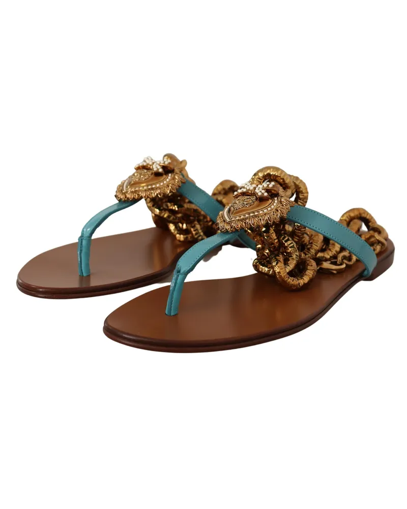 Dolce & Gabbana Women's Blue Leather Devotion Flats Sandals Blue