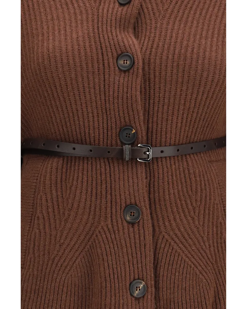 Brunello Cucinelli Women High Neck Wool Cardigan With Belt Chocolate Fleece Sweater Brown
