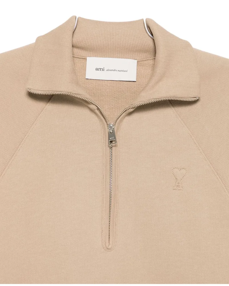 AMI Paris Quarter-Zip Cotton Sweatshirt — Beige Beige