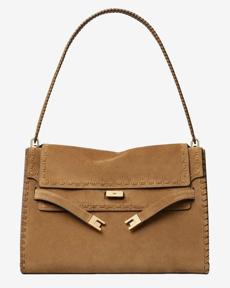 Tory Burch Women's Large Suede Bag With Top Handle Light Brown Leather Shoulder Brown