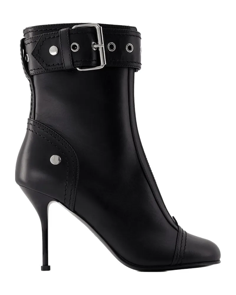 Alexander McQueen Women's High-Heeled Ankle Boots Leather Black-Silver Shoes Ankle-boots Black