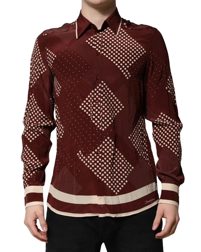 Dolce & Gabbana Men's Maroon Dotted Silk Long Sleeve Casual Shirt Maroon