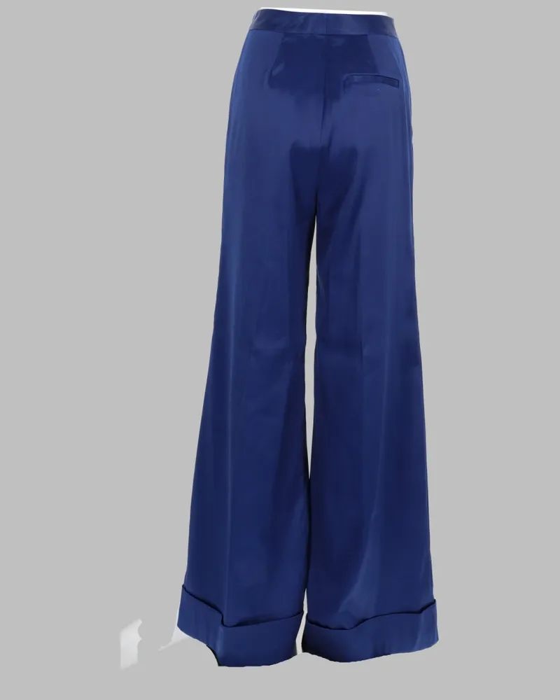 Self-Portrait Wide-Leg Satin Trousers — Blue Blue
