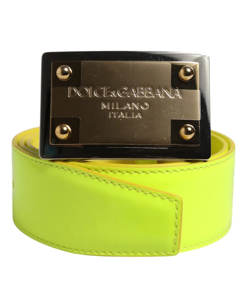 Dolce & Gabbana Men's Yellow Green Classic Metal Logo Buckle Belt Calf Leather Yellow
