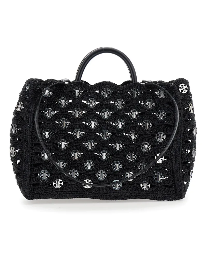 Paco Rabanne Woven Disc-Embellished Raphia Top Handle Bag — Black Black