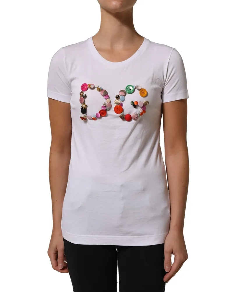 Dolce & Gabbana Women's White Dg Logo Embellished Round Neck T-Shirt Cotton White