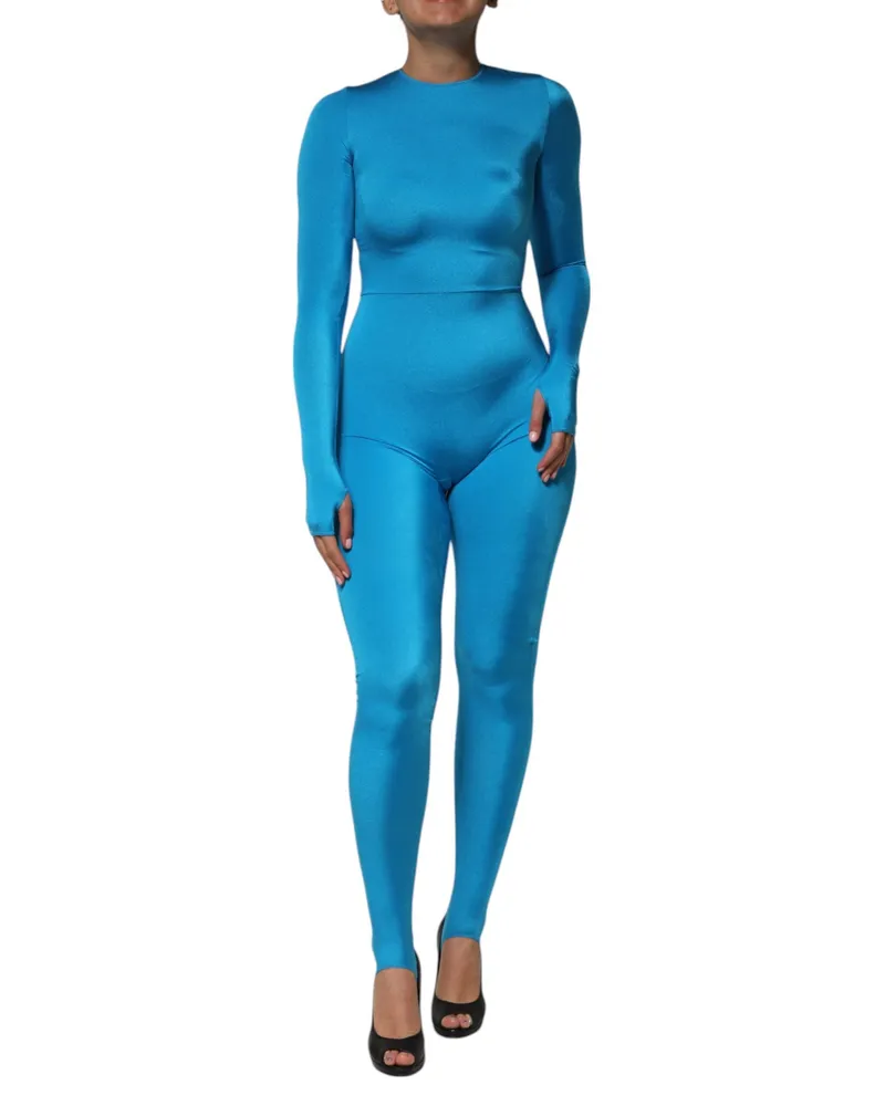 Dolce & Gabbana Women Blue Nylon Crew Neck Bodycon Jumpsuit Dress Elastane Blue