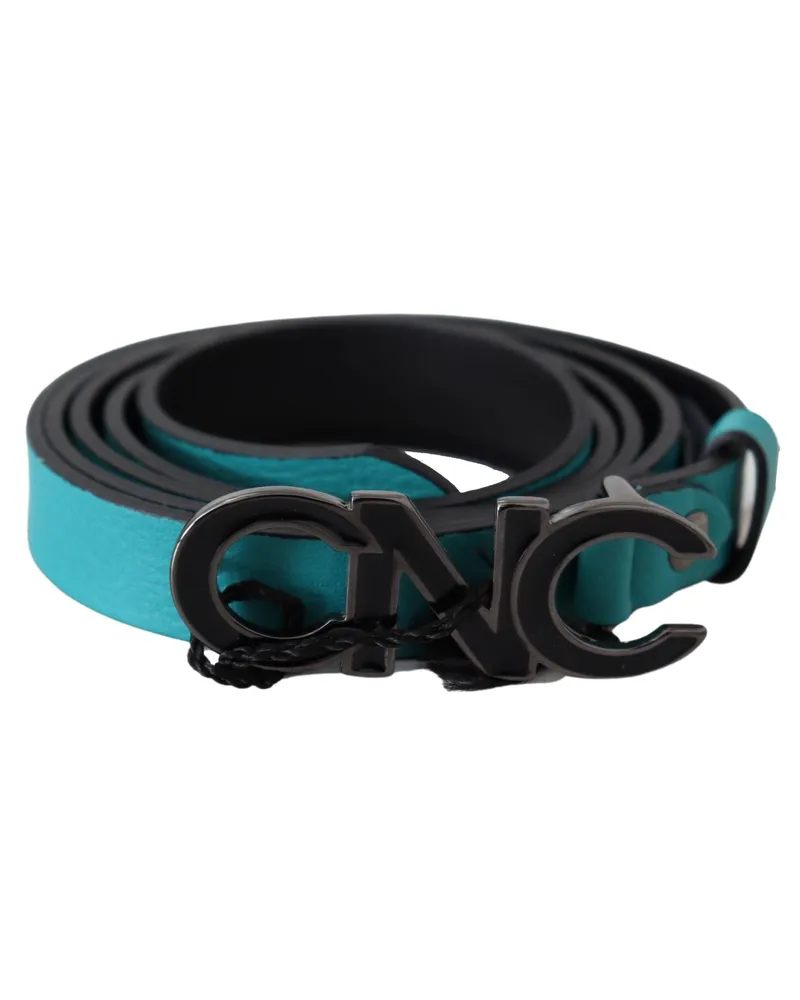 CoSTUME NATIONAL Women's Blue Green Leather Logo Silver Buckle Belt Blue