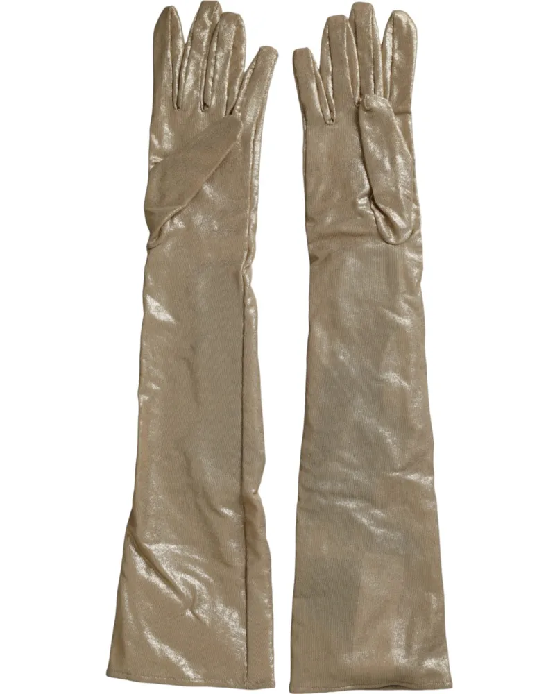Dolce & Gabbana Women's Beige Satin Crystal Elbow Length Gloves Nylon Elastane Beige