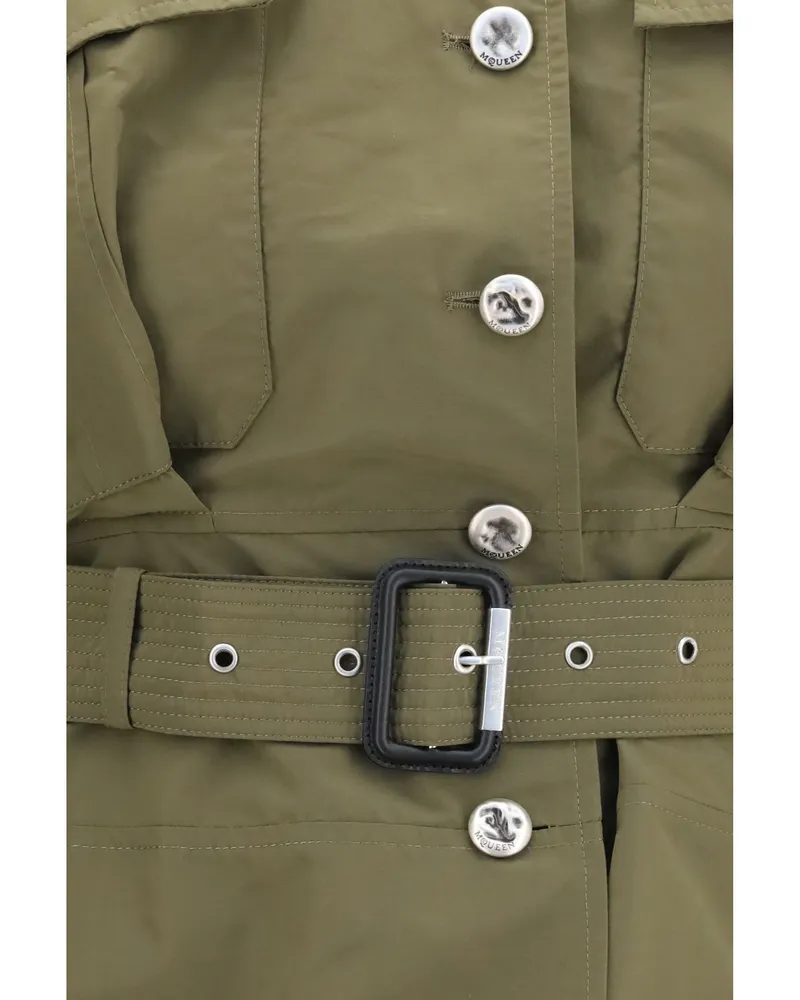 Alexander McQueen Women's Jacket Cropped Belted High-Neck Woodland Green Cotton Green