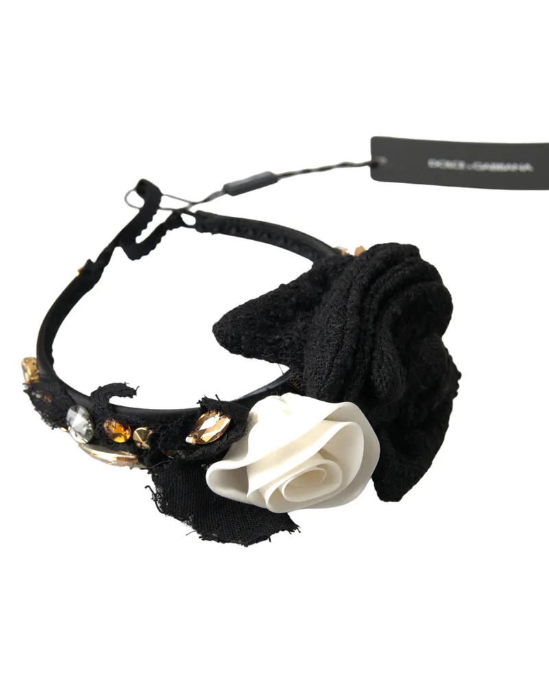 Dolce & Gabbana Women's Diadem Headband Tiara White Rose Crystal Hair Gold Black Silk Accessory Black