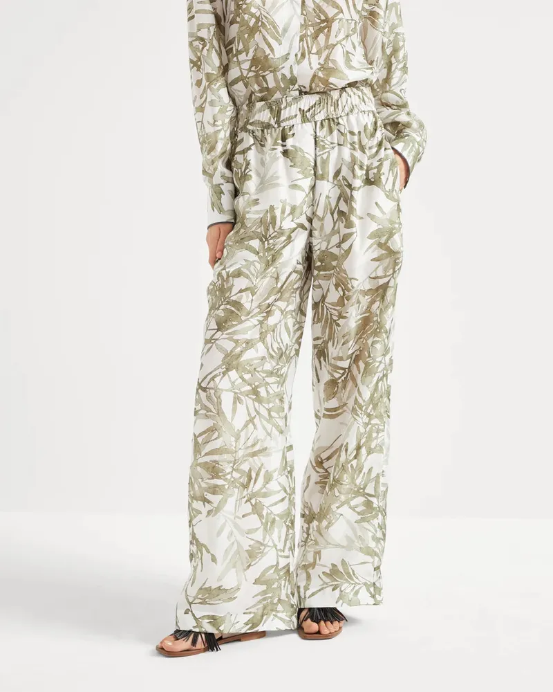 Brunello Cucinelli Botanical-Print Silk Trousers — White White