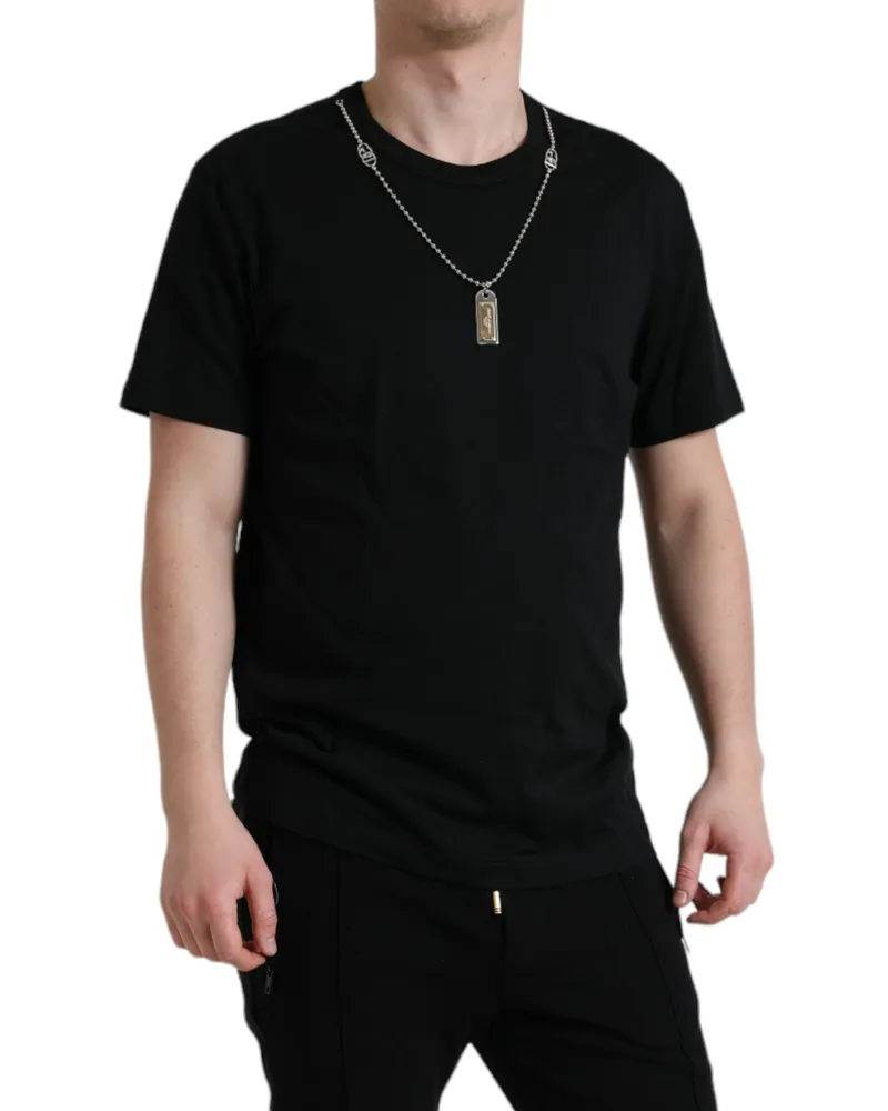Dolce & Gabbana Men's Black Cotton Dog Tag Round Neck T-Shirt Black