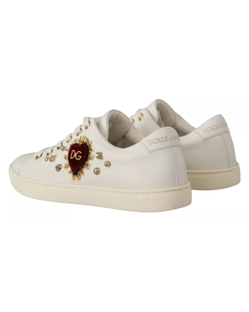Dolce & Gabbana Women's White Leather Gold Red Heart Sneakers Shoes White