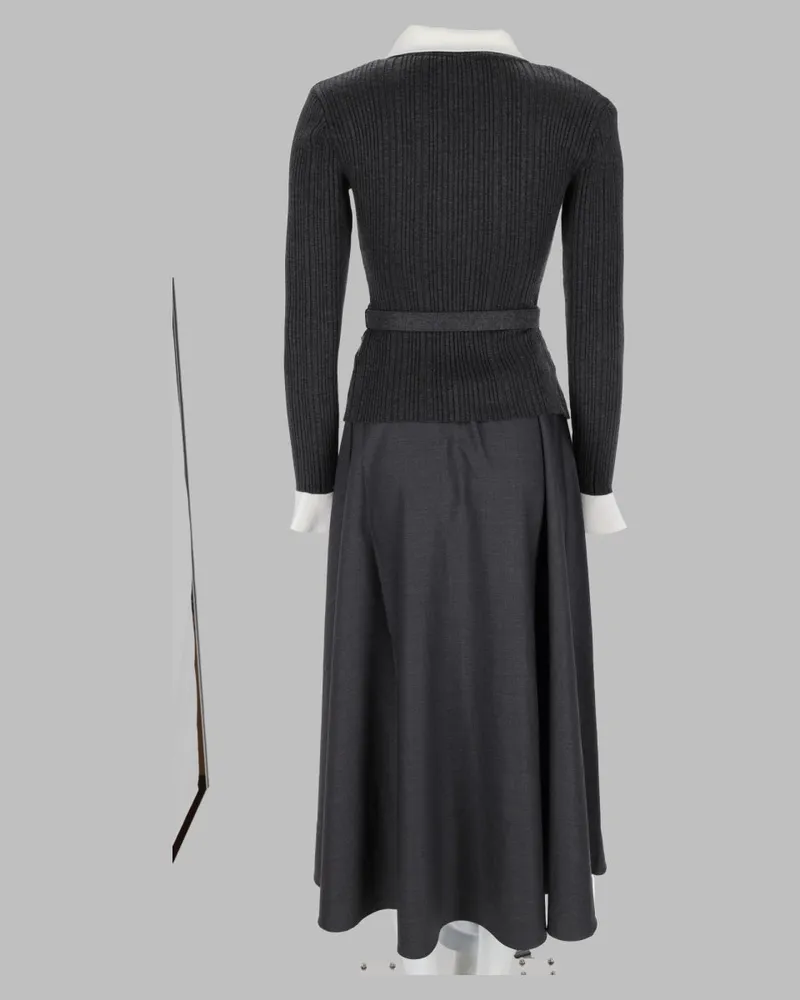 Self-Portrait Knit Twill Midi Dress — Gray Gray