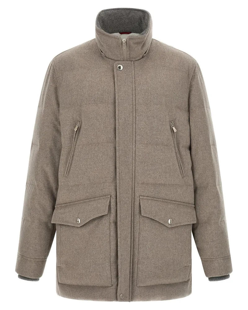 Brunello Cucinelli Wool Flannel with Quilting Coat — Taupe Taupe