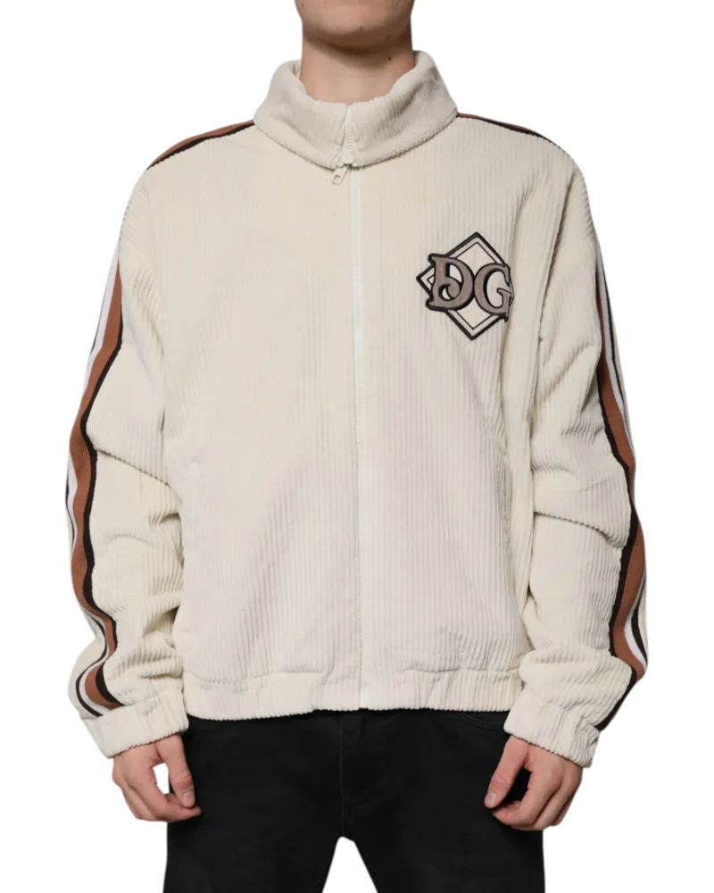 Dolce & Gabbana Men's Beige Logo Applique Cotton Corduroy Full Zip Jacket Clothing Beige