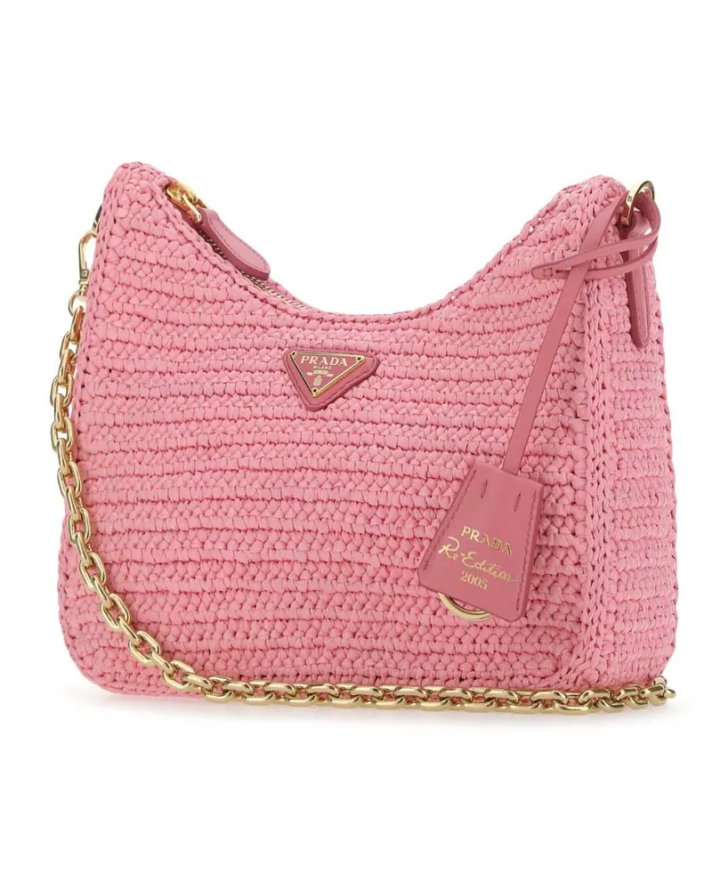 Prada Women's Pink Raffia Re-Edition 2005 Shoulder Bag F0442 Vi-Vitello Borse A Mano Pink