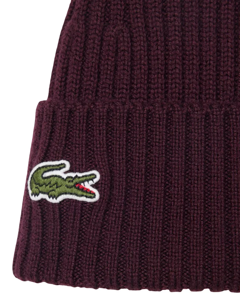 Lacoste Men's Wool Ribbed Beanie Oxalis Hat Purple