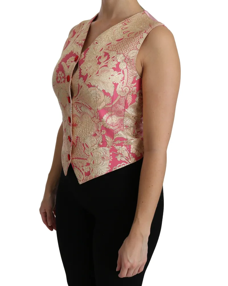 Dolce & Gabbana Women's Pink Gold Brocade Waistcoat Vest Blouse Top And Pink