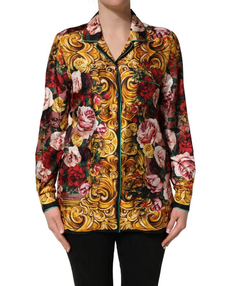 Dolce & Gabbana Women Multicolor Floral Long Sleeves Button Down Shirt Top Silk Pink