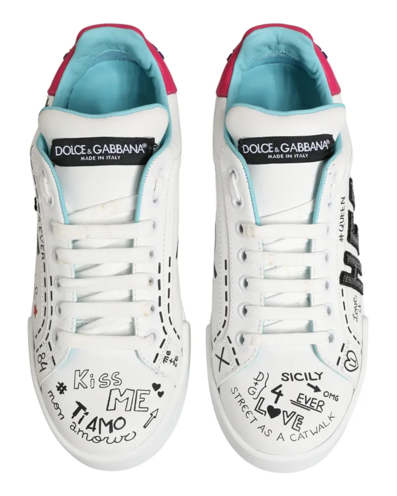 Dolce & Gabbana Women's White Leather Graffiti Low Top Sneakers Shoes 100lf White