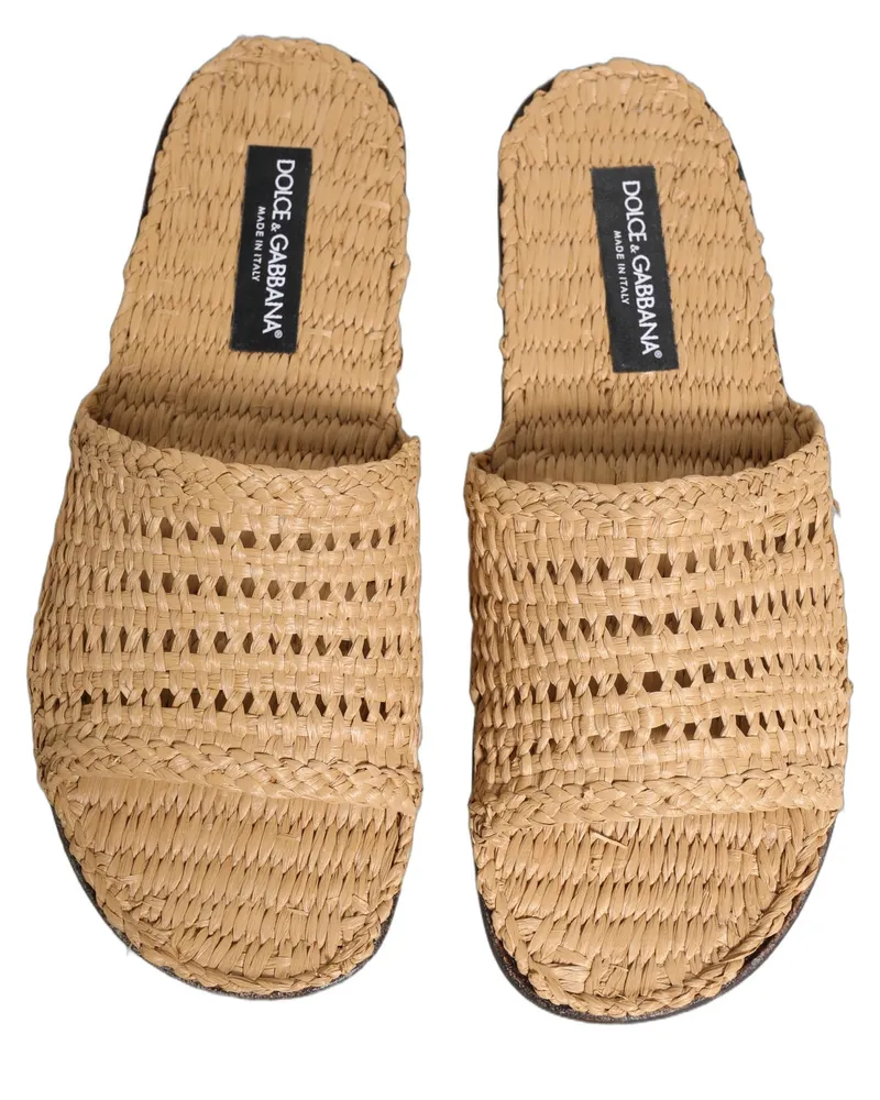 Dolce & Gabbana Men's Beige Straw Raffia Slides Sandals Flats Shoes Beige