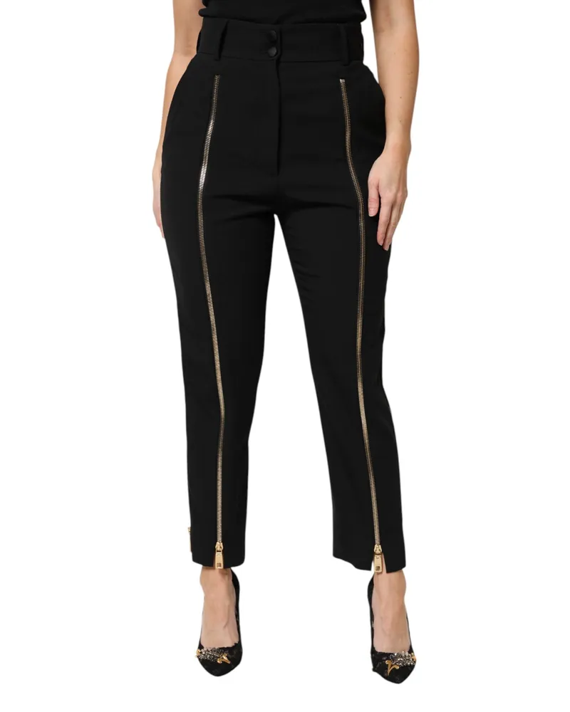 Dolce & Gabbana Women's Black Wool High Waist Zipper Tapered Pants Virgin Elastane Black