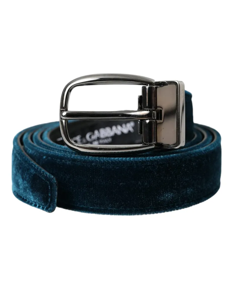 Dolce & Gabbana Men's Blue Velvet Leather Silver Metal Buckle Belt Blue