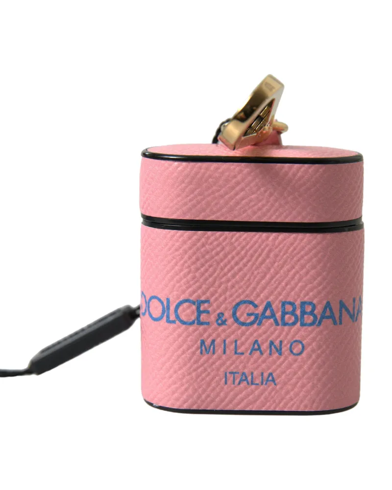 Dolce & Gabbana Women's Pink Blue Calf Leather Logo Print Strap Airpods Case Accessory Pink