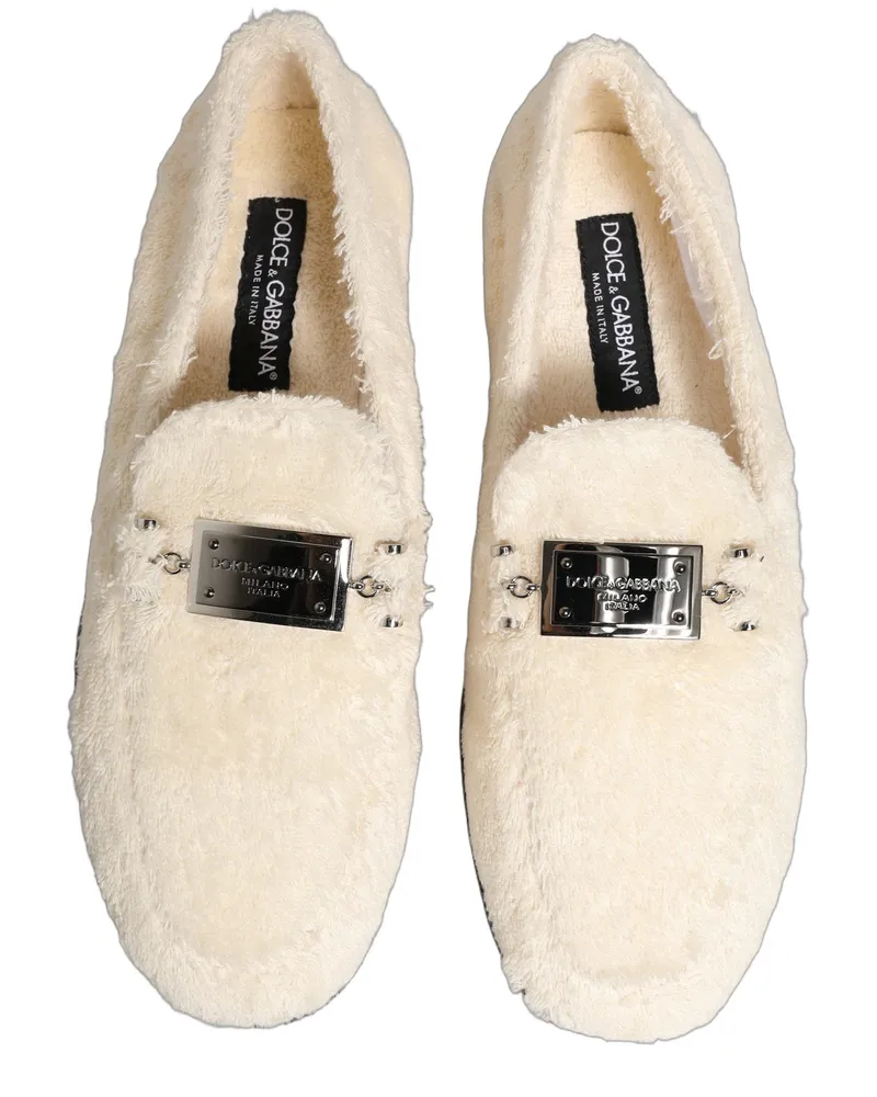 Dolce & Gabbana White Fur Shearling Men Dress Loafers Shoes Cotton White