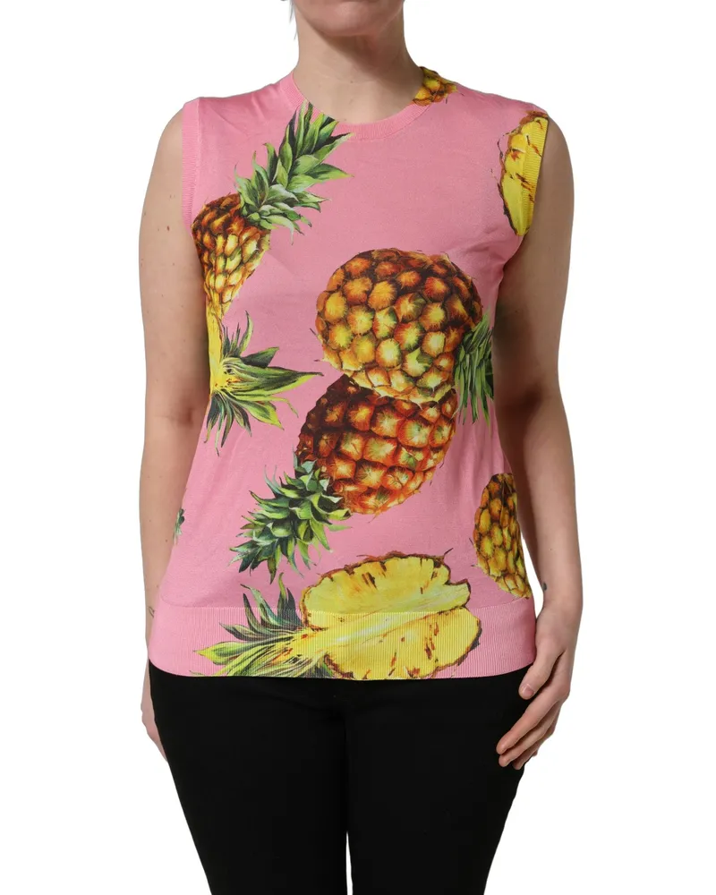 Dolce & Gabbana Women's Pink Pineapple Roundneck Sleeveless Tank Top Silk Pink