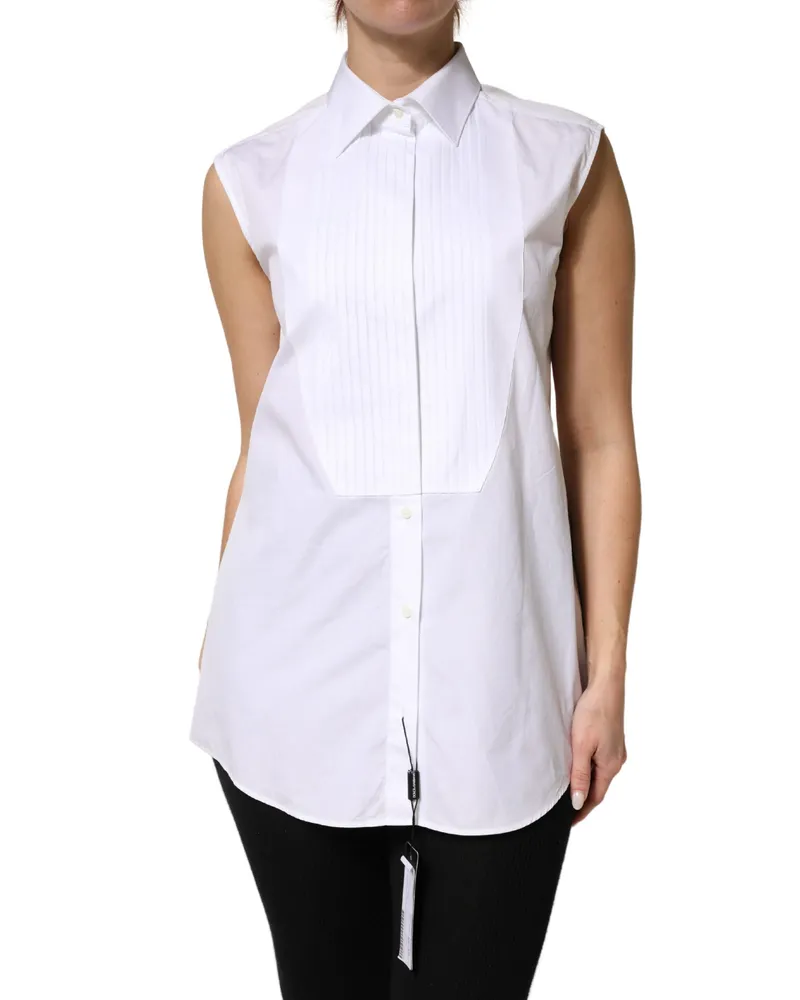 Dolce & Gabbana Women's White Cotton Pleated Sleeveless Button Down Top White